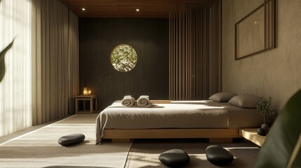 Wall Mural - Tranquil and Modern Bedroom Retreat Featuring Minimalist Design, Natural Light, and Calming Elements for Relaxation and Escape from Daily Life