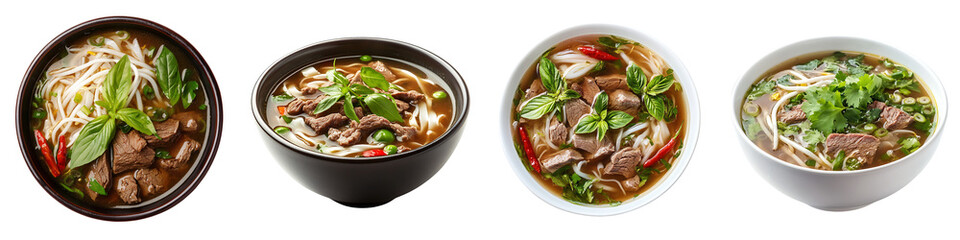 Wall Mural - Set of Vietnamese pho soup with beef, isolated on a transparent background.