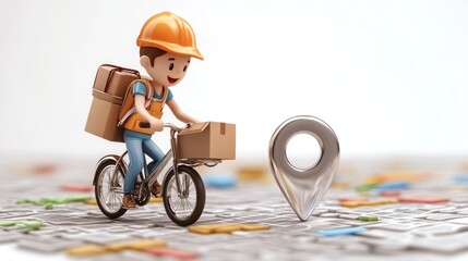 Poster - A cheerful delivery person rides a bicycle with packages near a location marker on a map.