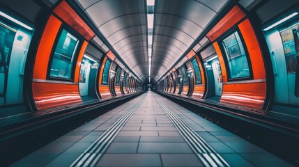 Aufkleber - Modern Urban Subway Station with Symmetrical Architecture and Vibrant Orange Accents, Capturing the Essence of City Life and Public Transport