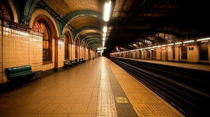 Aufkleber - Industrial-style subway station with a long, empty platform, intricate arches, vintage tile work, and ambient lighting, showcasing urban architecture and transport infrastructure.