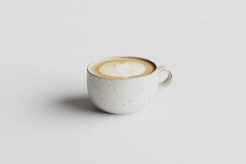 Poster - A latte in a speckled white cup with a heart-shaped foam design.