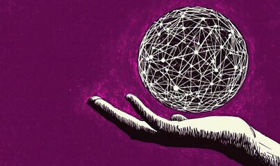 Poster - A hand holds a glowing sphere made of interconnected lines against a purple background.