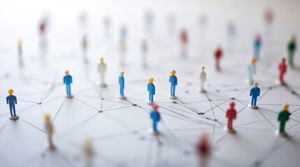 Poster - Abstract representation of social connections with colorful miniature figures, symbolizing networking, community, collaboration, and digital interaction in modern society