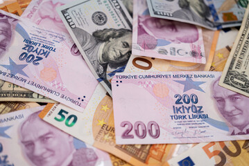 Aufkleber - Various international currency notes including Turkish lira, US dollars, and Euros. Concept of global financial systems and currency exchange. 