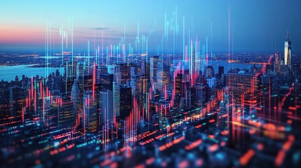 Poster - Abstract Representation of Financial Data with City Skyline at Dusk, Displaying Market Trends and Graphs Over Urban Landscape with Vibrant Colors and Illuminated Structures