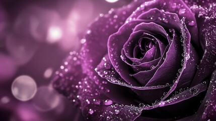 Aufkleber - Close-up of a stunning purple rose with droplets of water resting on its petals, surrounded by a soft bokeh background, evoking beauty and romance in nature's design.