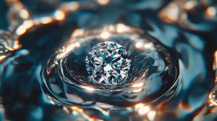 Poster - Radiant Diamond Resting on Water Surface Creating Ripples with Reflections and Shiny Textures Illuminated by Soft Light in an Artistic Close-Up Perspective