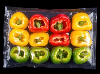 Poster - A pack of assorted bell peppers in red, yellow, green, and sliced for culinary use.