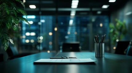 Poster - A desk with a pen holder and a piece of paper on it