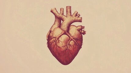 Poster - Detailed Artistic Illustration of a Heart Anatomy Featuring Vascular Structures and Textured Surface on a Soft Background for Medical or Educational Use