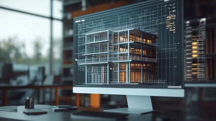 Poster - Architectural design software modern office digital rendering urban environment close-up view innovation