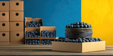 Poster - A colorful display of stacked plates with blueberries in a box, set against vibrant backgrounds.