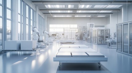 Poster - Automated robotics in modern laboratory high-tech facility industrial photography cleanroom environment wide-angle view innovation