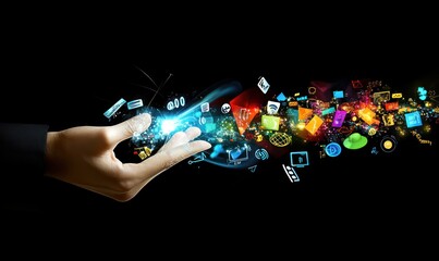 Aufkleber - A hand releasing colorful digital icons symbolizing technology and innovation.