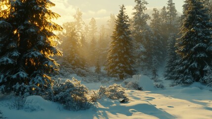 Poster - Serene Winter Landscape with Snow-Covered Trees and Golden Sunrise Light Filtering Through the Forest, Evoking Peace and Tranquility in Nature