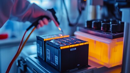 Poster - Battery testing process laboratory industrial equipment high-tech environment close-up view energy efficiency