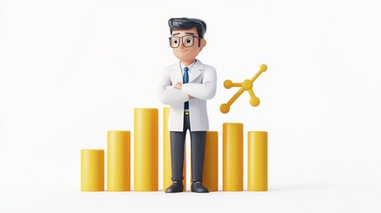 Poster - A 3D character in a lab coat stands confidently beside bar graphs and a molecular structure.