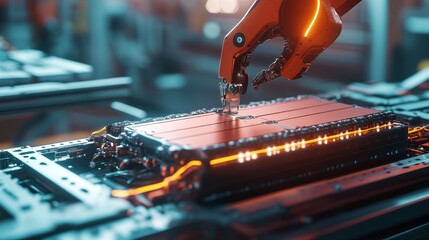 Poster - Robotic arm assembling battery cells industrial factory technology high-tech environment close-up view automation innovation