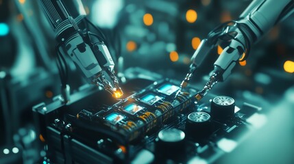 Poster - Robotic precision assembly high-tech lab digital content futuristic environment close-up view automation innovation