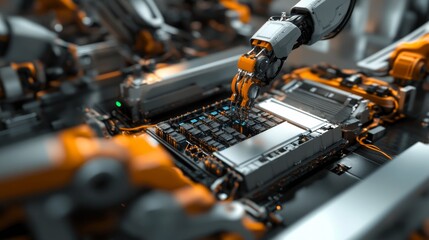 Poster - Robotic arm assembling circuit board high-tech factory close-up industrial environment futuristic concept