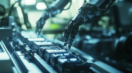 Poster - Robotic arm assembly industrial workshop technology futuristic environment close-up view automation concepts