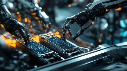 Poster - Robotic assembly process high-tech factory industrial scene modern environment close-up view automation innovation