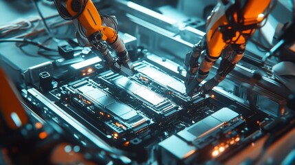 Poster - Robotic assembly line task high-tech facility industrial process futuristic environment close-up view automation concept