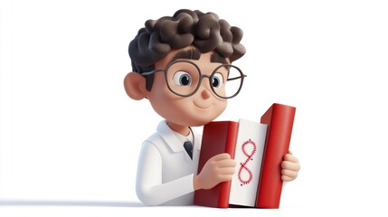 Poster - A cartoon boy in a lab coat examines a book with a DNA symbol, suggesting a focus on science.