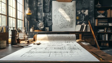 Poster - Designing plans creative studio architectural blueprints urban workspace overhead perspective innovation in design