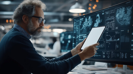 Man with gray hair and glasses using a tablet in a modern office with multiple computer screens displaying data graphs and digital interfaces
