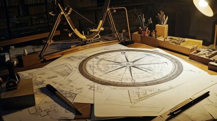 Poster - Crafting instruments workshop technical drawings cozy environment overhead view precision design