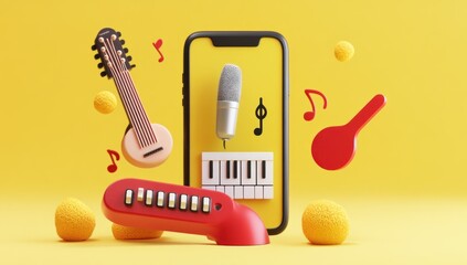 Aufkleber - A vibrant composition of musical instruments and a smartphone, symbolizing creativity.