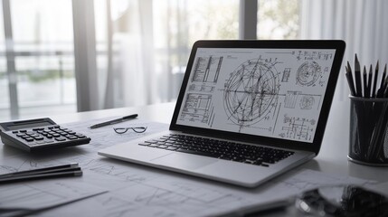 Poster - Analyzing technical drawings modern office digital workspace bright environment aerial view design concept