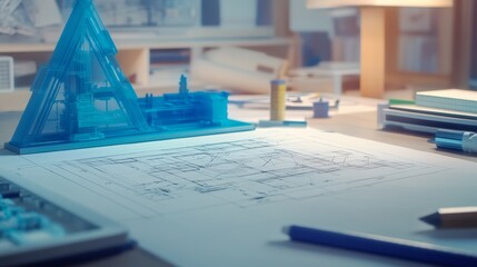 Poster - Architectural model building design studio 3d printed structure creative workspace overhead view innovation in architecture