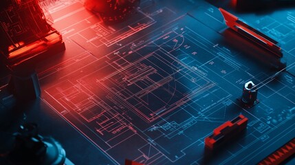 Poster - Engineering blueprint process workshop digital design high-tech environment top-down view innovation concept
