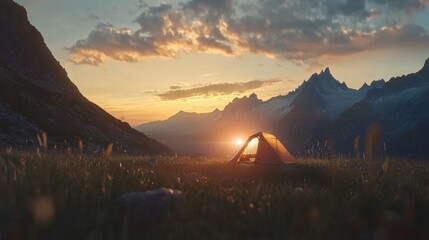Poster - A small tent is set up in a grassy field with mountains in the background
