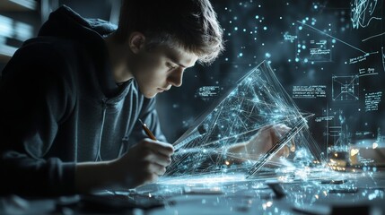 Poster - Creative young innovator home workspace digital art tech environment close-up view futuristic concept