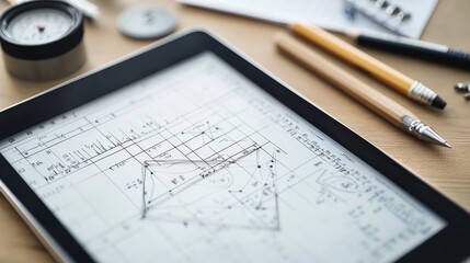 Poster - Engineering design process workspace digital blueprint office desk overhead view technical visualization