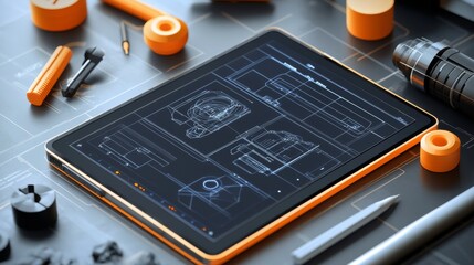Poster - Design process action workspace digital blueprint content high-tech environment close-up viewpoint innovative concept