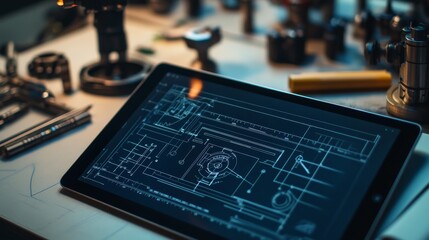 Poster - Designing technology frameworks workshop digital blueprint industrial environment overhead view innovation in engineering