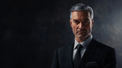 Poster - A man in a suit and tie is standing in front of a dark background