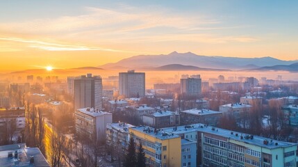 Poster - Serene Sunrise Over Urban Landscape with Mountain Backdrop and Misty Horizon in a Cold Winter Morning