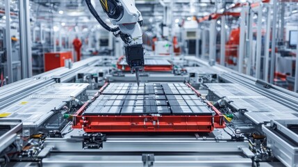 Poster - Robotic automation process manufacturing plant industrial setting technology close-up view innovation in battery production