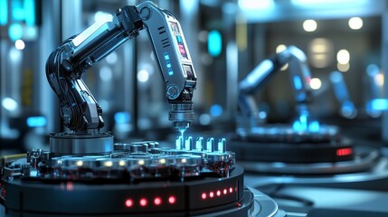 Poster - robotic precision assembly manufacturing facility digital art high-tech environment close-up view au