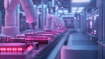 Poster - Automated assembly line manufacturing facility industrial process high-tech environment close-up view robotics innovation