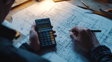 Poster - Calculating architectural plans office workspace project management indoor close-up precision planning