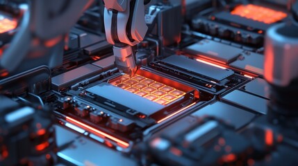 Poster - Robotic automation in manufacturing high-tech facility digital artwork futuristic environment close-up view innovation