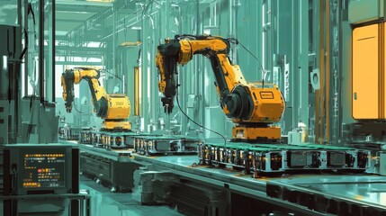 Poster - industrial automation robots factory digital art high-tech environment close-up view robotics integr