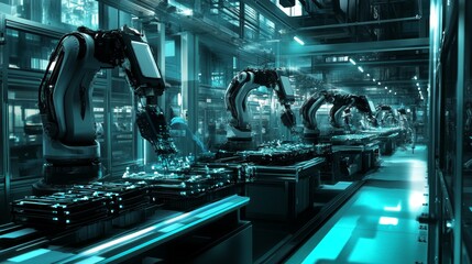 Poster - automated manufacturing process industrial facility robotics high-tech environment side view innovat